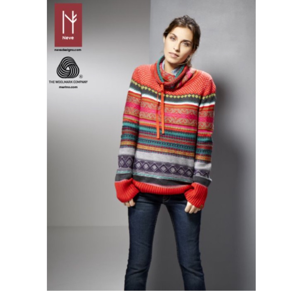 Neve 100% Merino Wool Red Funnel Neck Fair Isle Ski Sweater